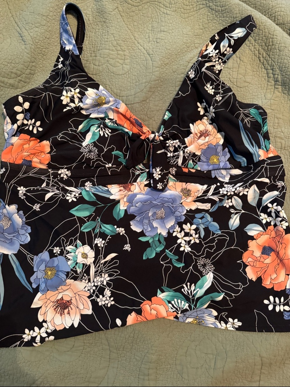 Floral V-Neck Women's Bathing suit  - Black with Blue & Coral Flowers